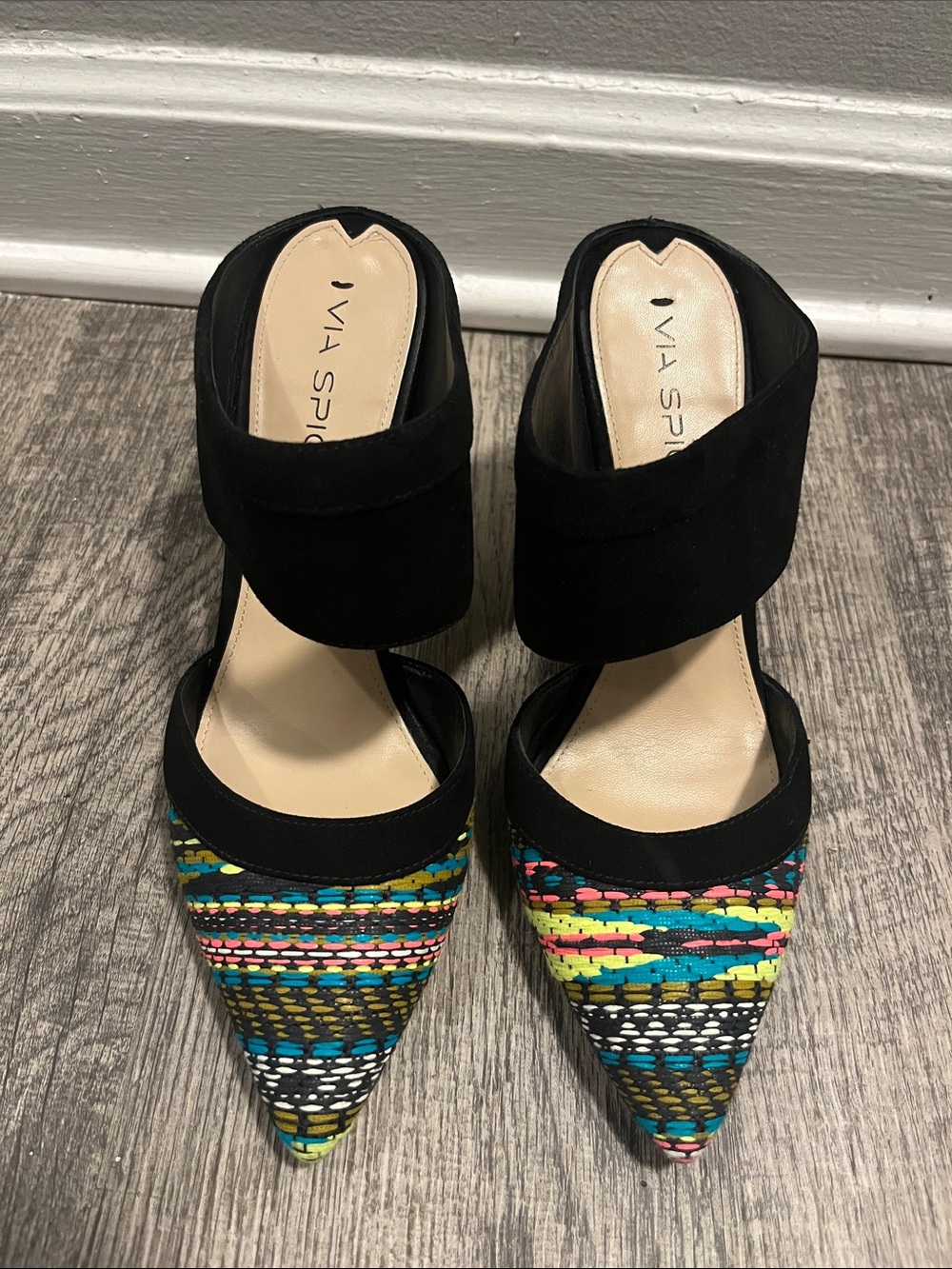 Via Spiga Black Ankle-Strap Mules with Multicolor Woven Pointed Toe